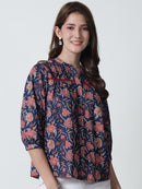 Navy Blue Floral Printed Mandarin Collar Pure Cotton Top