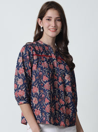 Navy Blue Floral Printed Mandarin Collar Pure Cotton Top