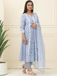 Lavender Floral Printed Pure Cotton Kurta With Trousers & Chiffon Dupatta