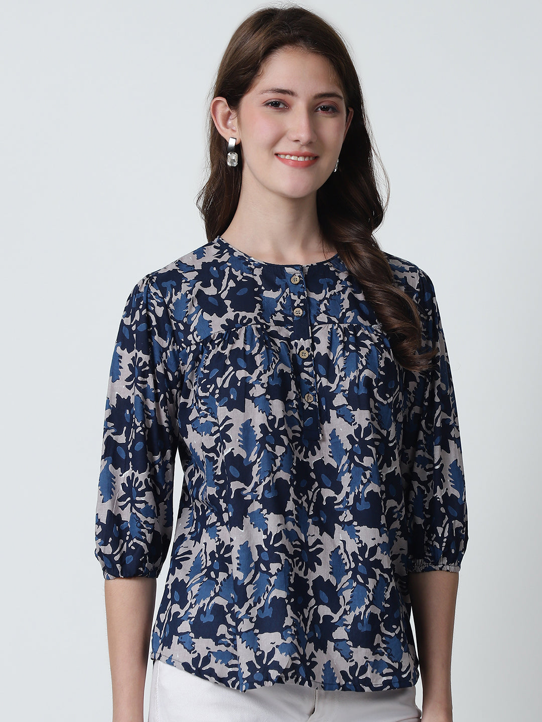 Navy Blue Floral Printed Round Neck Pure Cotton Top