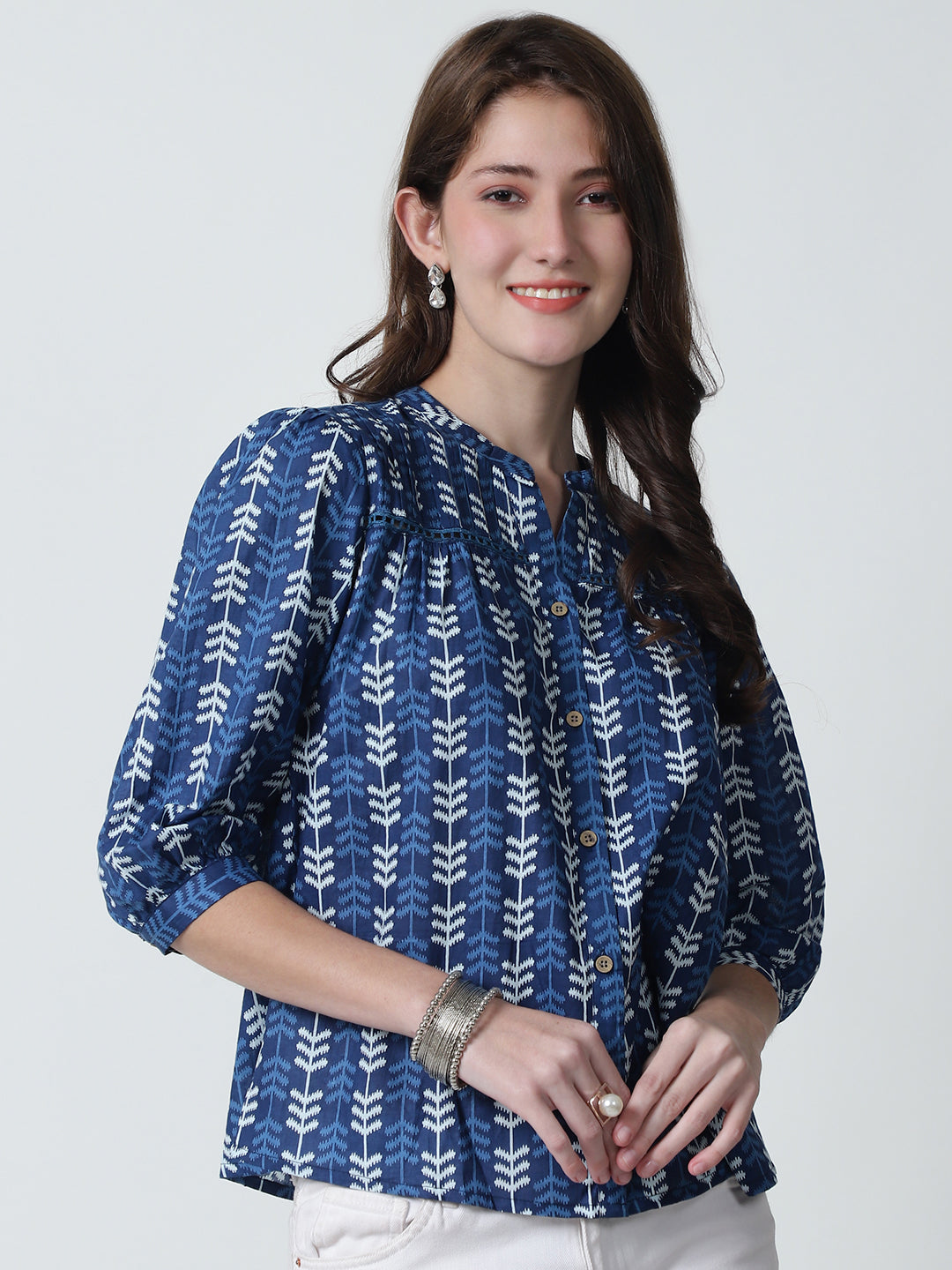 Navy Blue Floral Printed Mandarin Collar Pure Cotton Top