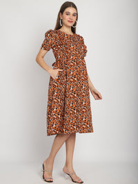 Orange Animal Printed Fit and Flare Maternity Midi Dress