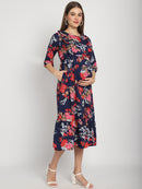 Navy Abstract Printed Fit and Flare Maternity Midi Dress