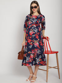 Navy Abstract Printed Fit and Flare Maternity Midi Dress