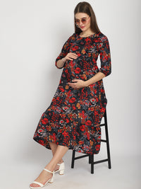 Black Abstract Printed Fit and Flare Maternity Midi Dress