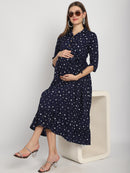 Navy Stars Printed Fit and Flare Maternity Maxi Dress