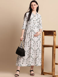 White & Olive Printed Shirt Style Maternity Dress