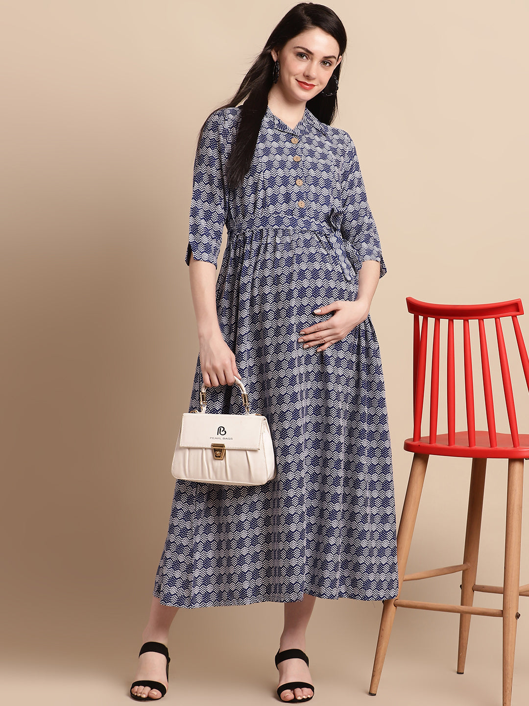 Navy Printed Shirt Style Maternity Dress