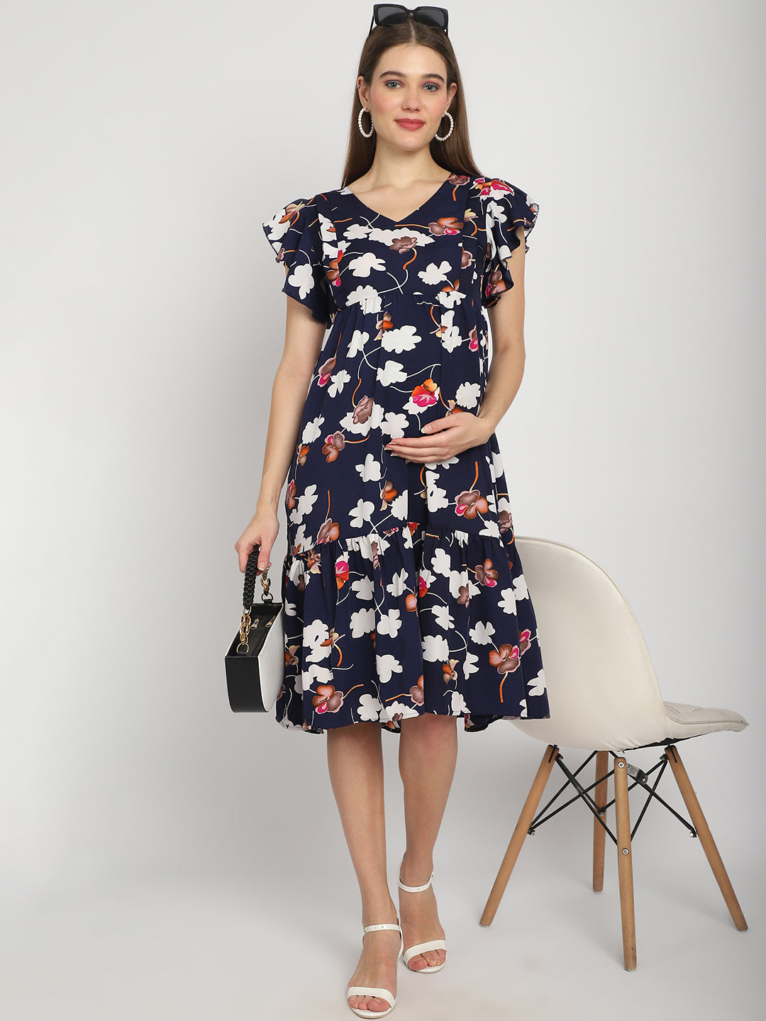 Navy Abstract Printed Fit and Flare Maternity Midi Dress