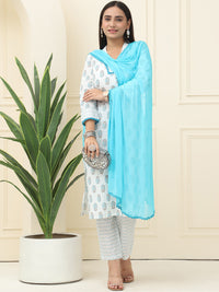 Blue Floral Printed Pure Cotton Kurta With Trousers & Chiffon Dupatta