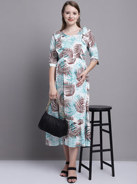 Turquoise Blue Floral Printed Maternity Midi Dress