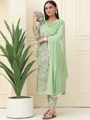 Green Floral Printed Pure Cotton Kurta With Trousers & Chiffon Dupatta