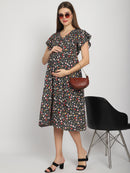 Grey Micro Printed Fit and Flare Maternity Midi Dress