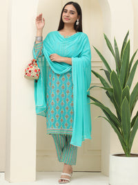 Turquoise Blue Floral Printed Pure Cotton Kurta With Trousers & Chiffon Dupatta