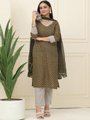 Green Floral Printed Pure Cotton Kurta With Trousers & Chiffon Dupatta