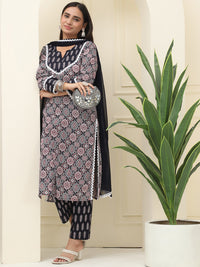 Black Floral Printed Pure Cotton Kurta With Trousers & Chiffon Dupatta