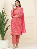 Pink Floral Printed Pure Cotton Kurta With Trousers & Chiffon Dupatta