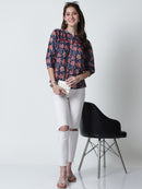 Navy Blue Floral Printed Mandarin Collar Pure Cotton Top