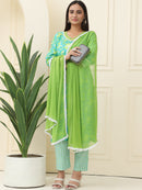 Sea Green Floral Printed Pure Cotton Kurta With Trousers & Chiffon Dupatta