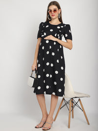 Black Polka-dot Printed Fit and Flare Maternity Midi Dress