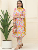 Peach Floral Printed Pure Cotton Kurta With Trousers & Chiffon Dupatta