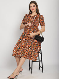 Orange Animal Printed Fit and Flare Maternity Midi Dress