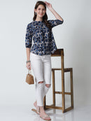 Navy Blue Floral Printed Round Neck Pure Cotton Top