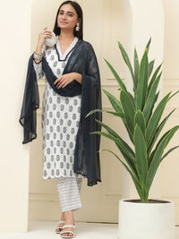 Black Floral Printed Pure Cotton Kurta With Trousers & Chiffon Dupatta