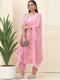 Pink Floral Printed Pure Cotton Kurta With Trousers & Chiffon Dupatta