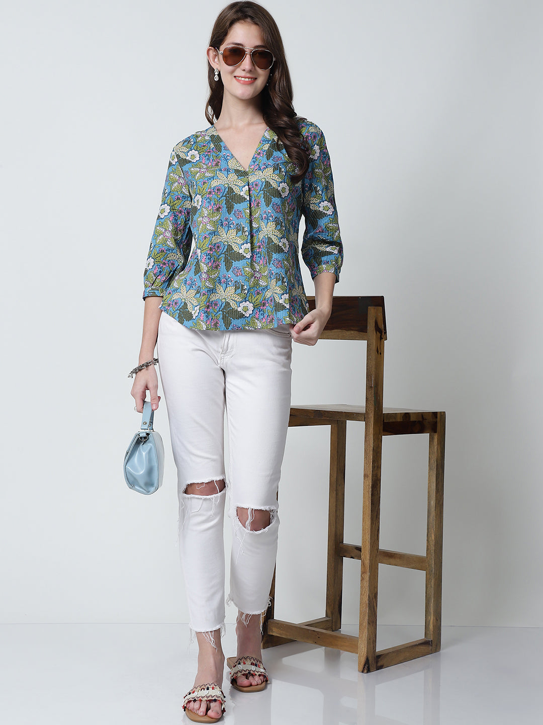 Blue Floral Printed V-Neck Pure Cotton Top