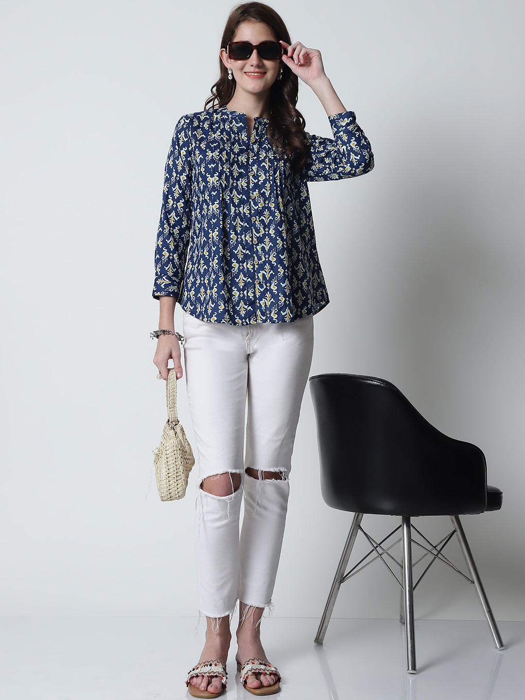 Navy Blue Abstract Printed Mandarin Collar Pure Cotton Top