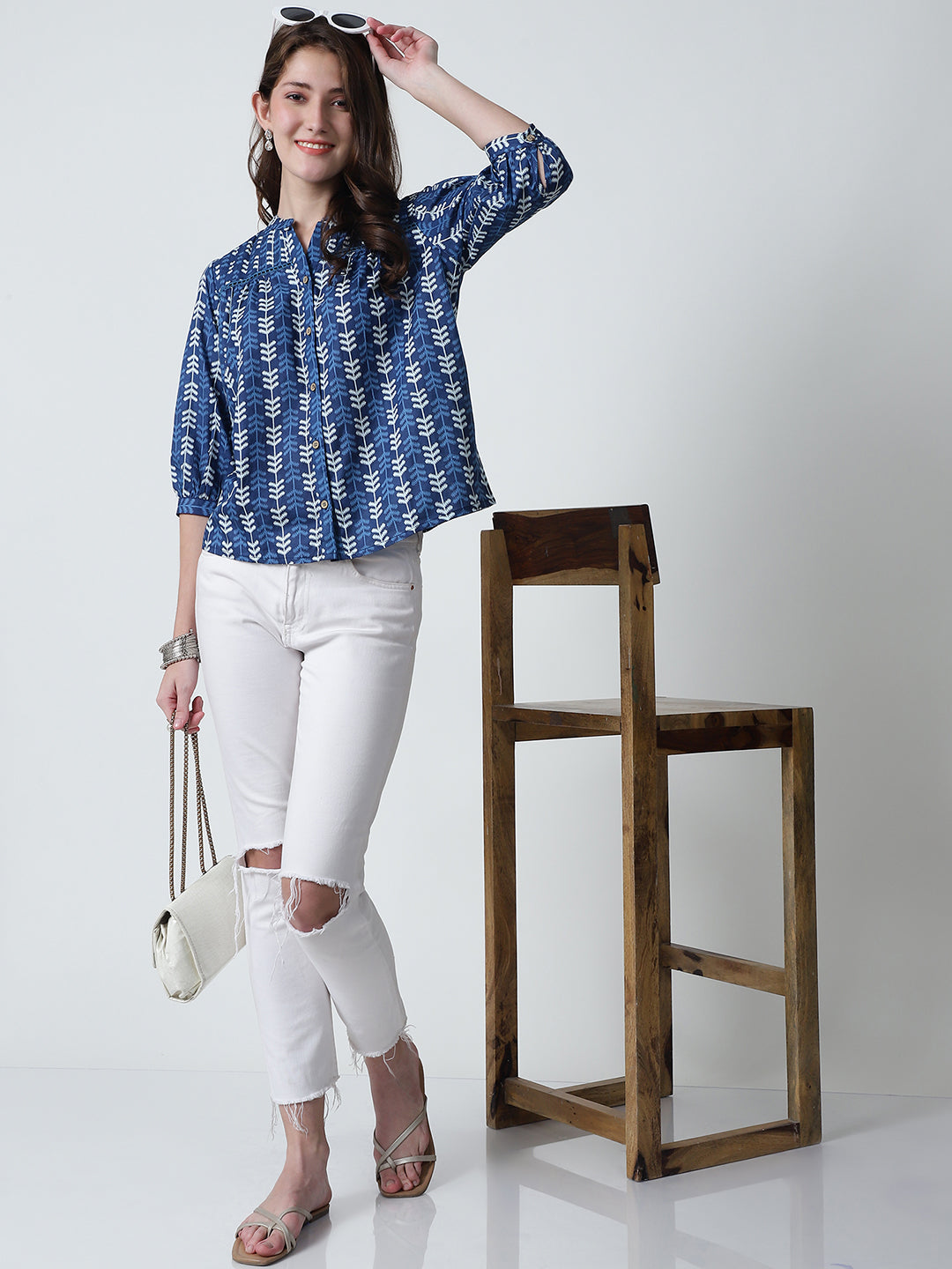 Navy Blue Floral Printed Mandarin Collar Pure Cotton Top