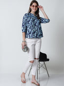 Navy Blue Floral Printed Mandarin Collar Pure Cotton Top