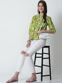 Lime Green Floral Printed Mandarin Collar Pure Cotton Top