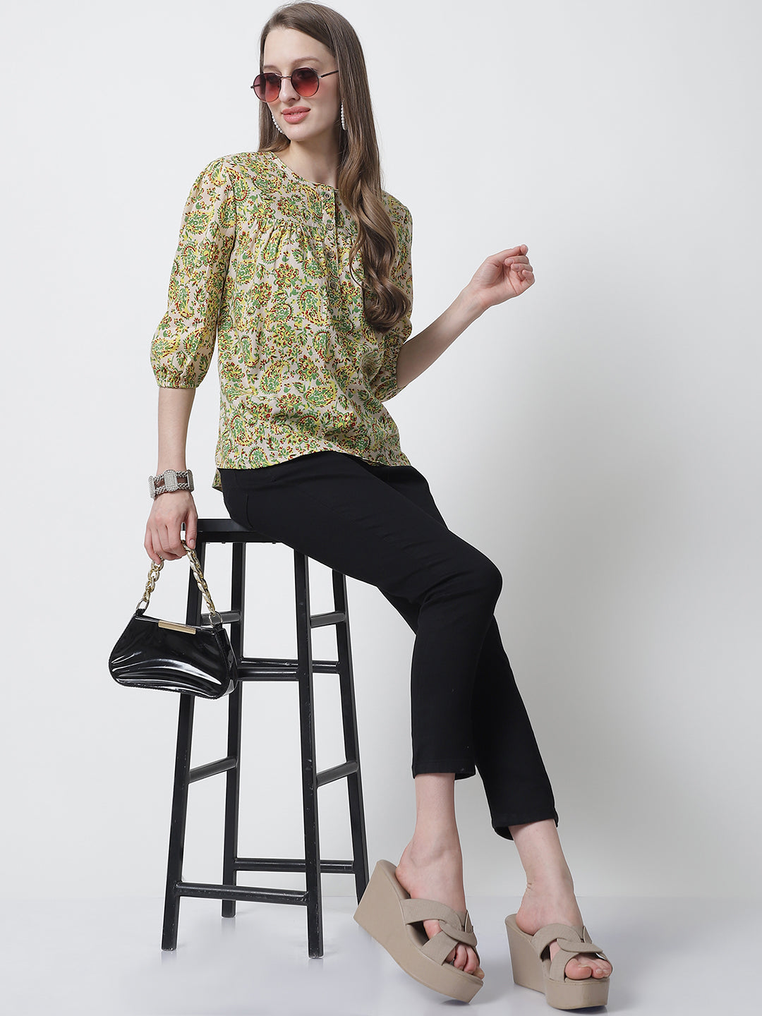 Lime Green Floral Printed Mandarin Collar Pure Cotton Top