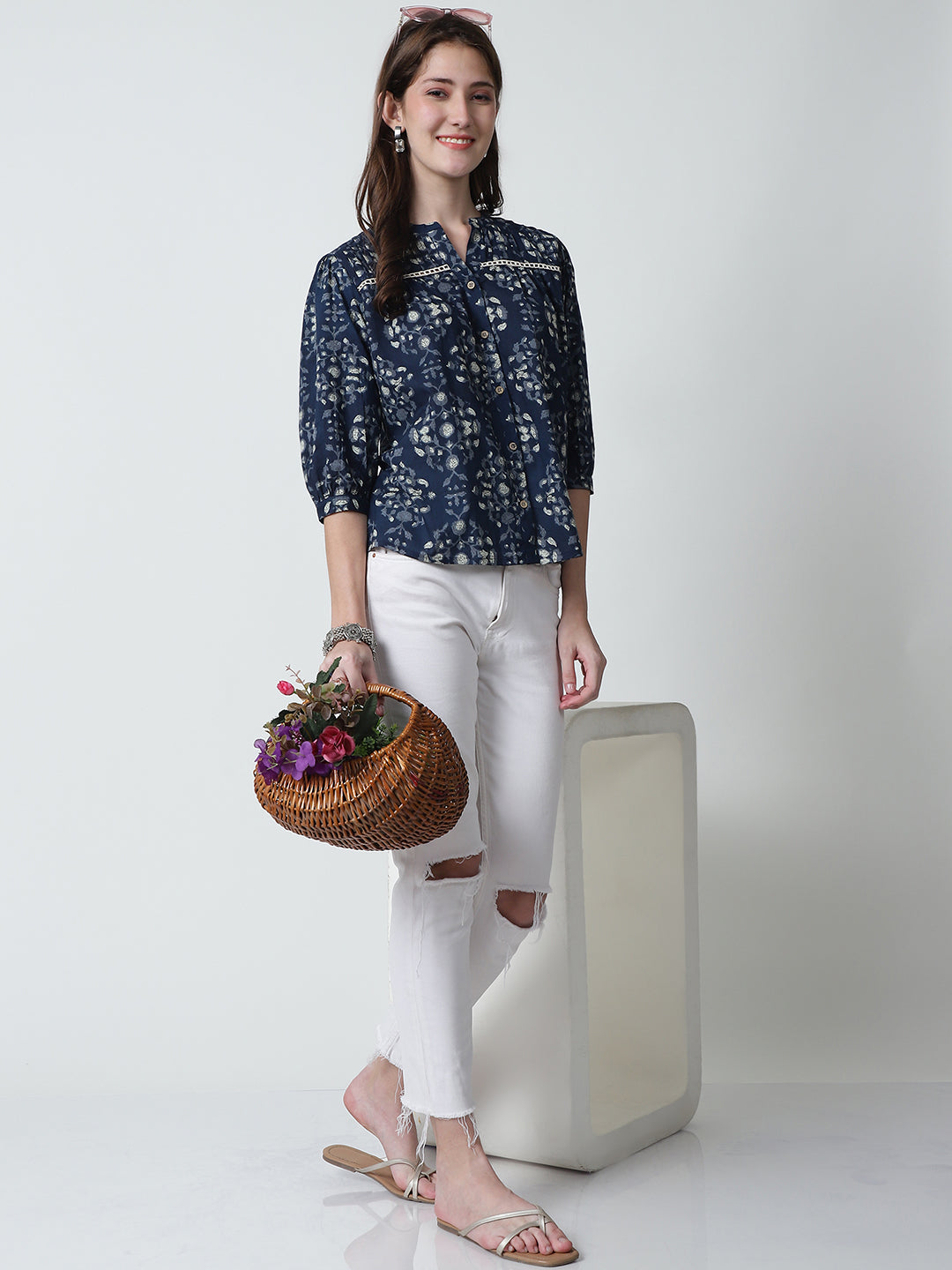 Navy Blue Floral Printed Mandarin Collar Pure Cotton Top