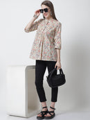 Red Floral Printed Mandarin Collar Pure Cotton Top