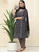 Black Floral Printed Pure Cotton Kurta With Trousers & Chiffon Dupatta