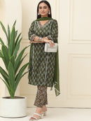 Green Floral Printed Pure Cotton Kurta With Trousers & Chiffon Dupatta