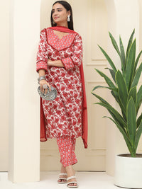 Maroon Floral Printed Pure Cotton Kurta With Trousers & Chiffon Dupatta