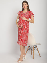 Red Micro Printed Fit and Flare Maternity Midi Dress