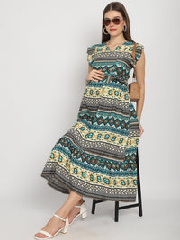 Multi Abstract Printed Fit and Flare Maternity Maxi Dress