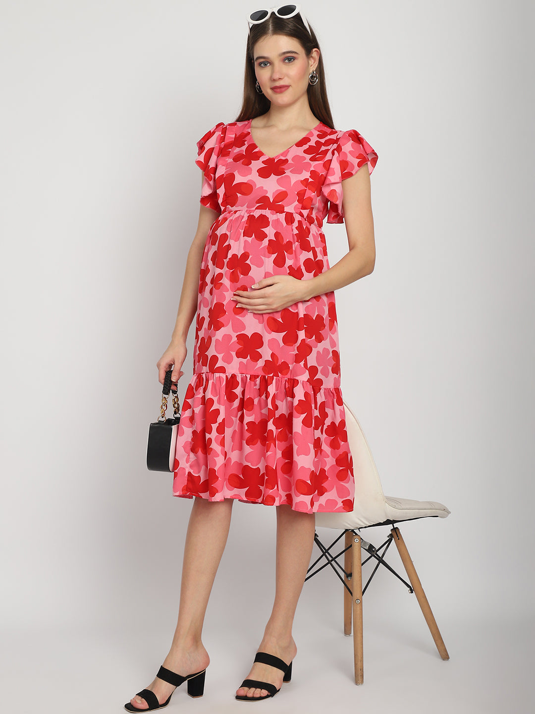 Red Floral Printed Fit and Flare Maternity Midi Dress