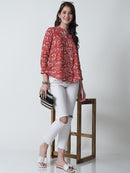 Red Floral Printed Mandarin Collar Pure Cotton Top