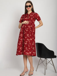 Maroon Floral Printed Fit and Flare Maternity Midi Dress