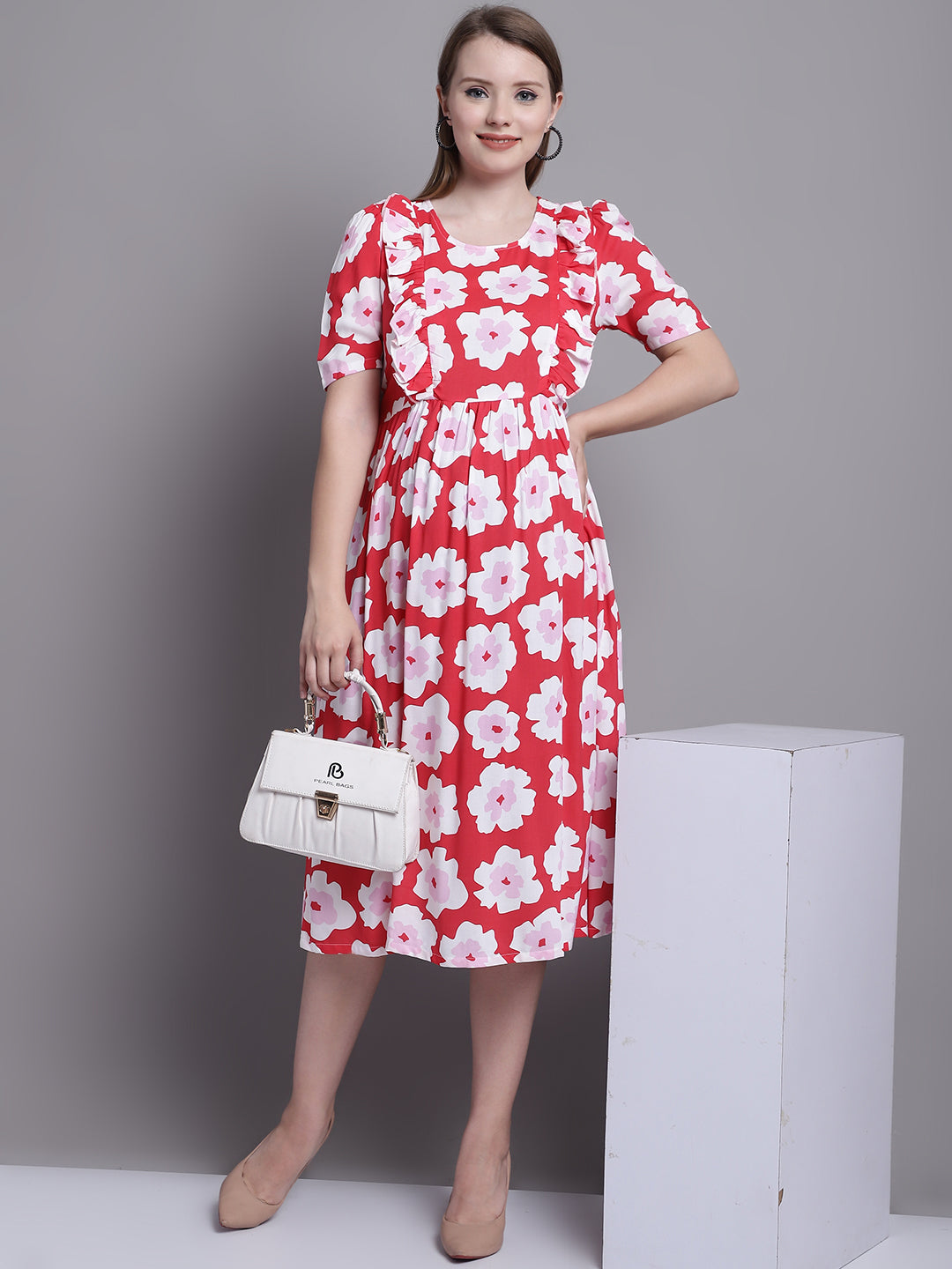 Red Floral Printed Maternity Midi Dress