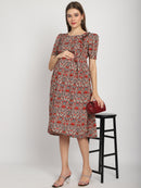 Red Abstract Printed Fit and Flare Maternity Midi Dress