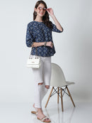 Navy Blue Floral Printed Round Neck Pure Cotton Top