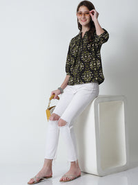 Brown Floral Printed Mandarin Collar Pure Cotton Top