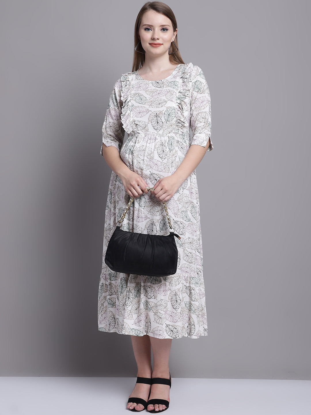 Off White Floral Printed Maternity Midi Dress